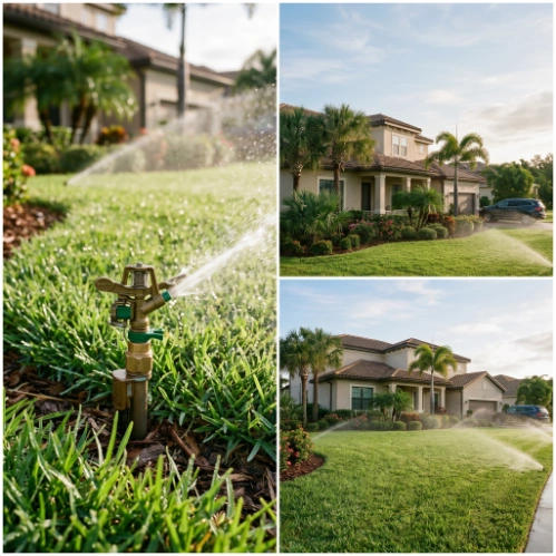 Sprinkler system in action maintaining healthy lawn in wasely chapel fl residential home