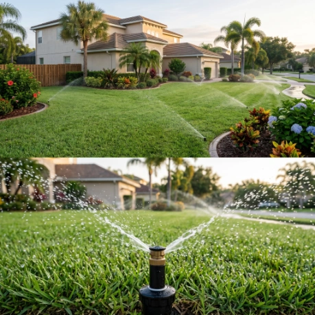 Sprinkler system in action maintaining healthy lawn in New River Lakes residential home