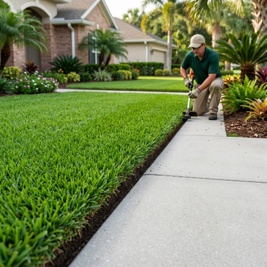 Detailed lawn finishing with edging and cleanup in Estancia residential property