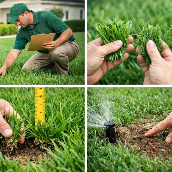 Lawn evaluation in Wesley Chapel checking grass type, thickness, irrigation, and stress areas