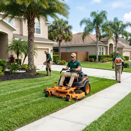 Lawn mowing service in Wesley Chapel with edging, trimming, and clean-up on a healthy green residential lawn