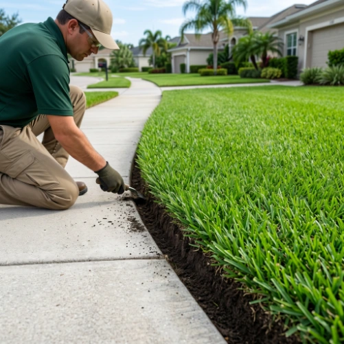 Close-up of sharp lawn edging with clean borders along sidewalk in Florida residential yard Seven Oaks