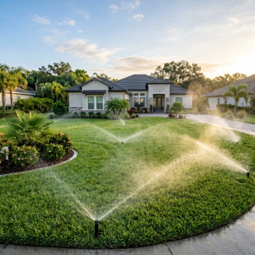 Lawn irrigation system watering St. Augustine grass in Wesley Chapel and Watergrass residential property