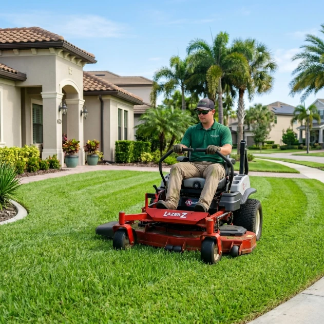 Clean-cut lawn with sharp stripes at a luxury Florida home with a riding mower