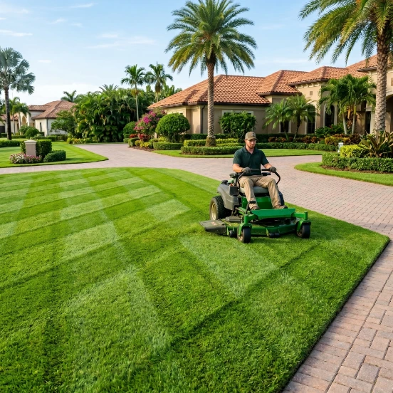 Professional lawn care worker mowing a lush green lawn in a sunny Florida suburban neighborhood