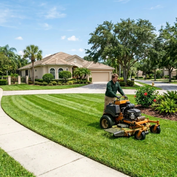 Weekly lawn maintenance with striped grass in a neat Florida suburban neighborhood